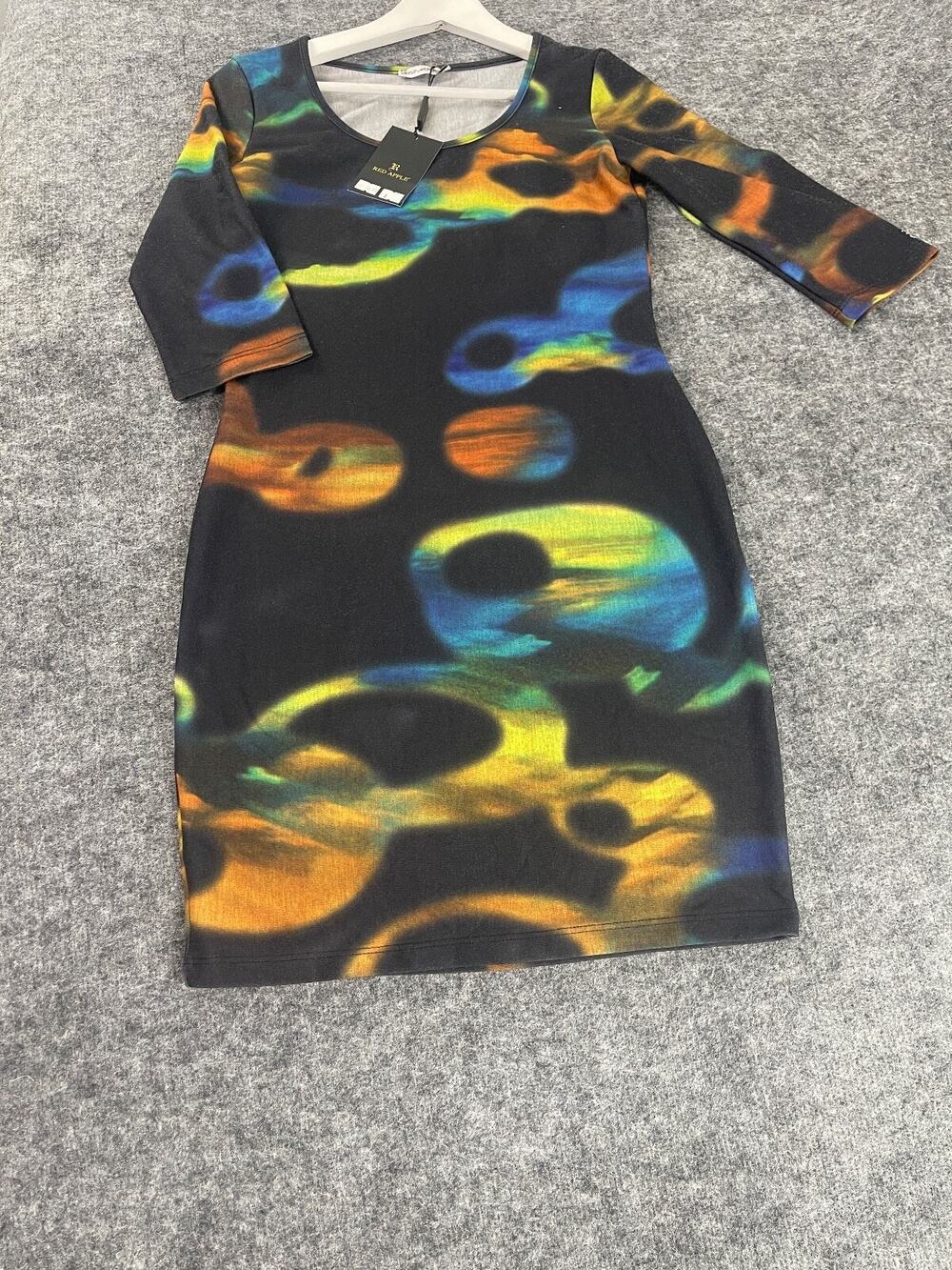Red Apple Sheath Dress Womens Small Tie Dye Long Sleeve Black NEW Colorful N336